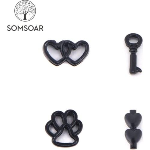 Somsoar Jewelry Black Color Heart Key Paw Slide Charms fit 10mm Mesh Bracelet Leather Wrap Bracelet accessories Making 10pcs/lot