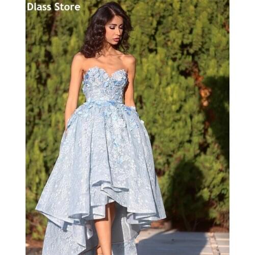 Light Blue Prom Dress A-line Laces Strapless Sweetheart Neck High Front Low Back Flower Evening Dresses платья знаменитостей