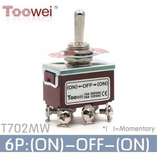 Toowei T702MW 6 pins momentary toggle switch (ON)-OFF-(ON) 15A 250V/ 20A 125V Assembly hole 12mm/ screw contact