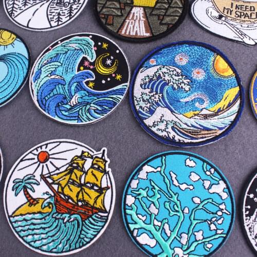 Van Gogh Embroidered Patches For Clothing DIY Waves Embroidery Patch Iron on Patches On Clothes Stripe Outdoor Patch Sticker