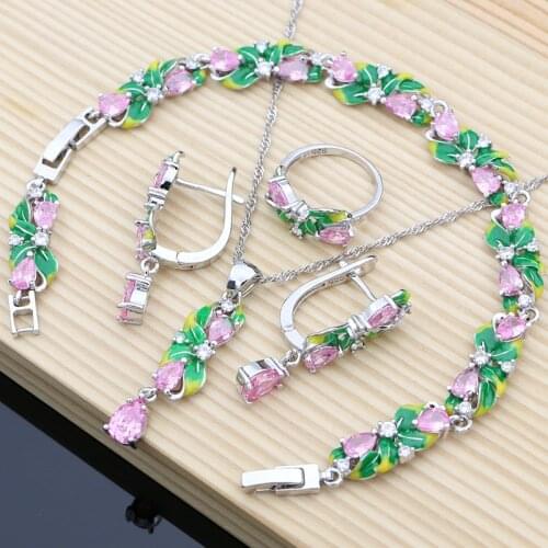 925 Silver Wedding Jewelry Sets Exquisite Handmade Enamel Bridal Earrings Charm Pink Zircon Bracelet Jewelry Dropshipping