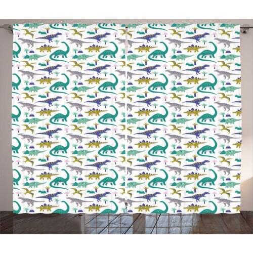 Dinosaurs Cartoon Curtains Jurassic Land Creatures Satin Fabric Drapes for Living Room Bedroom 2 Panel Window Set