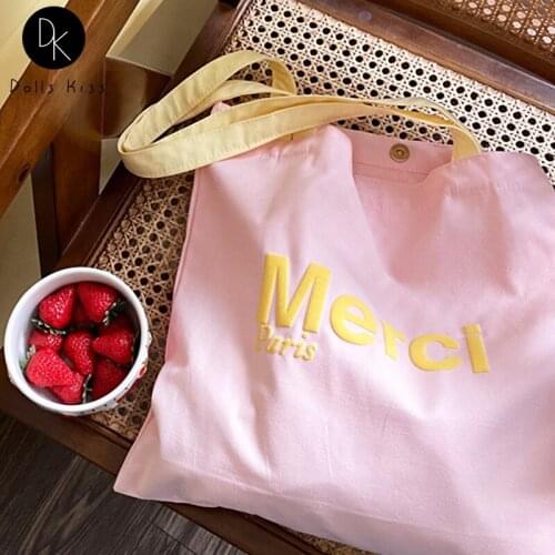 Ladies Shopping Totes Women Fresh Pink Hit Color Merci Printed Shoulder Bag Female Eco-friendly Grocery Bag Girls Casual Totes
