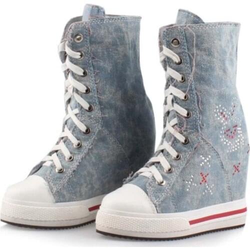 Denim canvas Invisible height increasing woman mid-calf boots med wedges woman boots lace-up fashion rhinestone platform shoes