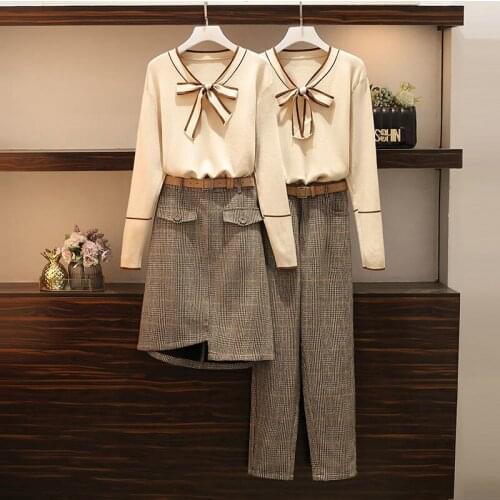 Womens Two-Piece Sets Autumn New Bowknot Sweater + Straight Pants/Short Skirt Casual Suits