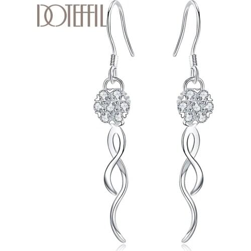 DOTEFFIL 925 Sterling Silver Round Ball 8mm Zircon Drop Earring For Women Lady Wedding Engagement Party Fashion Jewelry