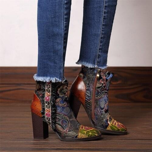 Genuine leather Vintage Thick High Heels Short Shoes Boots Woman Embroidery Ladies Motorcycle Boot 2019 Winter Women Ankle Boots