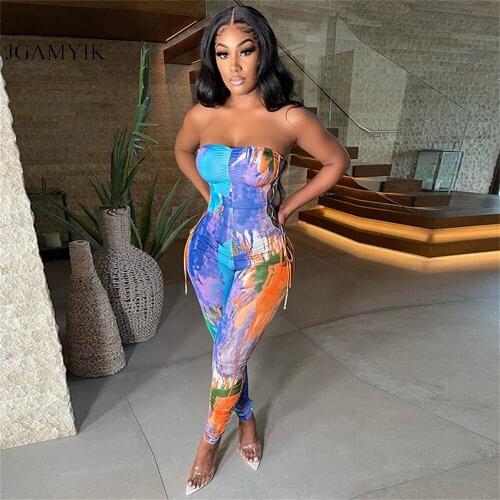 JGAMYIK Tie Dye Print Bandage Jumpsuit Women Lace Up Summer Club Outfits For Women Backless Streetwear Birthday Outfits