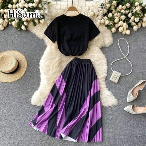 2021 summer New women O-neck cotton T-shirt + High Waist color block chiffon pleated skirt suits female two piece sets