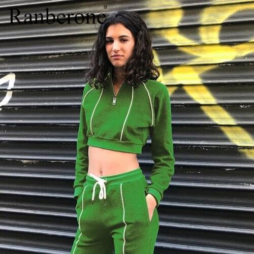 Ranberone Suit Women Sport Solid Long Sleeve Short Top And Casual Pocket Sweatpants Womens Tracksuit Sexy Suit For Fitness 2020