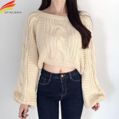 Long Lantern Sleeve Crop Top Women 2020 Autumn Winter New Sweaters Women Beige White And Black Twist Slash Neck Pullovers Women