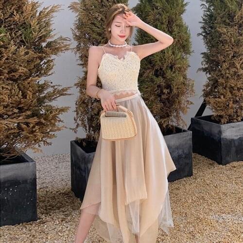 Vintage Crop Sexy Strap Sleeveless Lace Short Shirt Blouse Top Sexy Women Fashion Korean Elegant Casual Mesh Skirt 2 Pieces Set