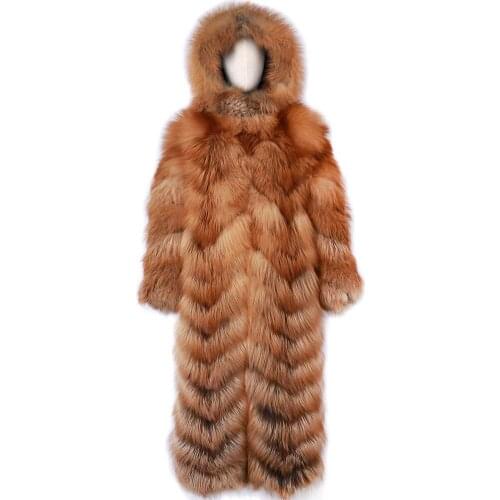 YOLOAgain Women Long Natural Fox Fur Coat Hooded Ladies Plus Size Coat Luxury Outerwear