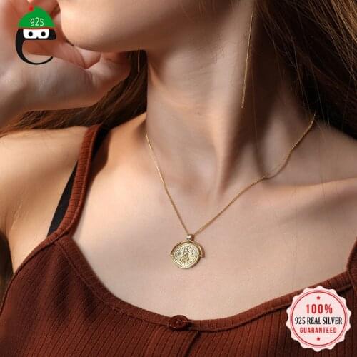Gold Coin Necklace 100% 925 Sterling Silver Made Gold Pendant Women Fashion Necklace Gift For Girl Friends DS1568
