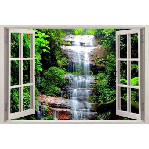 3D Hot Mountain Waterfall Window Frame Window Mural Vinyl Bedroom Vinyl Wallpaper Wall Decals Stickers Christmas Wall Sticker