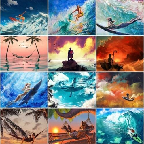 5D Diy Seascape Diamond Painting Cross Stitch Surf Summer Holiday Landscape Full Square Round Diamond Embroidery Wall Art Poster