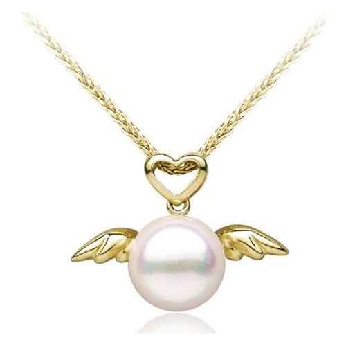 Free Shipping Luminous 8-8.5mm White Real Akoya Pearl Angel Wing Heart Pendant 18k Yellow Gold