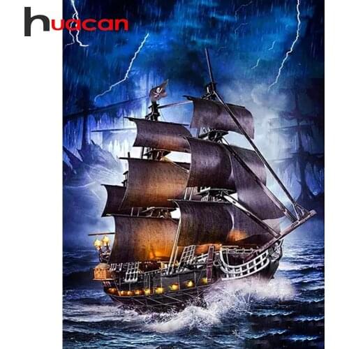 Huacan 5d Diamond Embroidery Set Sailboat Sea Evening Diamond Painting Full Square/Round Mosaic Lightning Landscape DIY Puzzle