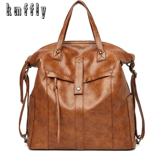 KMFFLY Women Leather Backpacks Female Shoulder Bag 3in1 Ladies Bagpack Vintage School Bags for Girls Travel Back Pack Sac A Dos