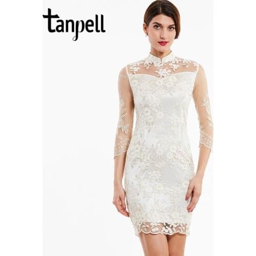 Tanpell high neck cocktail dress ivory appliques lace knee length straight gown women 3/4 sleeves evening short cocktail dresses