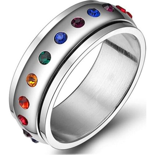 Rainbow Colorful Stones Fashion Rotatable Ring Men And Women Stainless Steel Neutral Jewelry couple Romgs