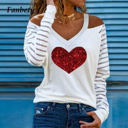 Fashion Striped Patchwork Heart Print T Shirts Women Sexy Halter Long Sleeve Pullover Tops Sexy Hollow Out V Neck Tee Shirts 3XL