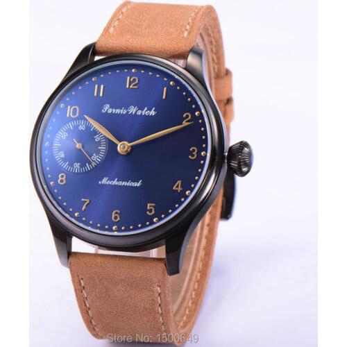 Parnis 44mm Blue Dial with Small seconds black steel case Mechanical movement hand winding mens Watch