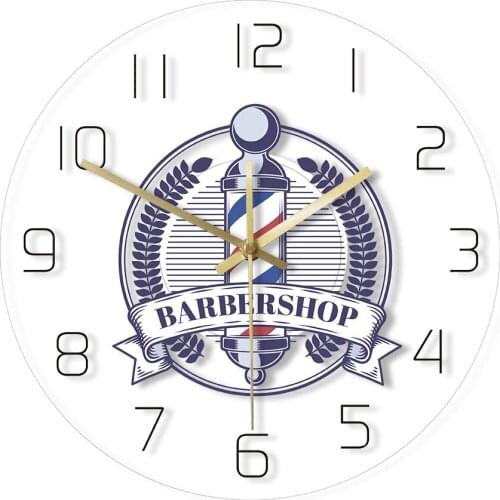Barbershop Retro Badge Print Wall Clock Custom Logo Acrylic Wall Clock Gentlemen Male Hair Salon Barber Pole Wall Sign Clock