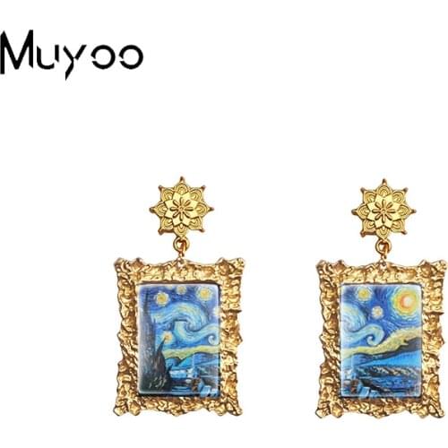 New Arrival Vintage Famous Starry Night Sunflower Oil Paintings Antique Mandala Rectangle Glass Cabochon Vintage Drop Earrings