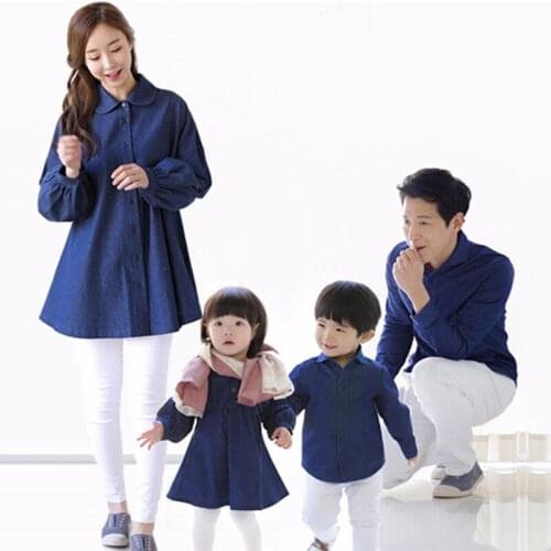 Family Matching Outfits Mother Daughter Blue Dresses Clothing Father Son Boys Denim Blouse Shirts Family Vacation Clothes D5 10