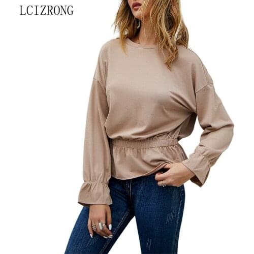 Autumn Fashion Solid T Shirt Women Korean Elegant Lady Long Sleeve Tshirts Plus Size O Neck High Waist Black Tee Female