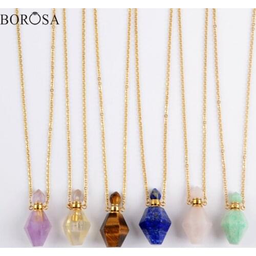 Rhombus Natural Stone Perfume Bottle Pendant Necklace Amethysts Lapis Crystal Quartz Pocket Necklace Women Jewelry Gifts WX1609
