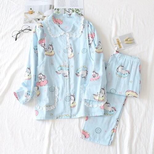 Spring New Breast-feeding Pajamas Plus Size Pure Cotton Double Layer Gauze Maternity Suit Cartoon Printing Pijama Mujer 2 Piece