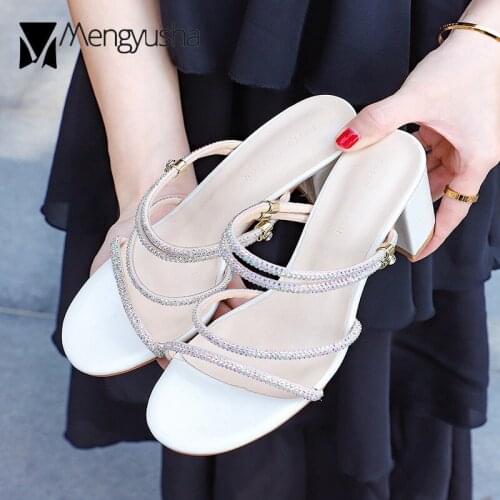 Two Ways rhinestones narrow band slip on gladiator sandals woman thick high heels shoes women fairy crystal sandalias mujer 2020