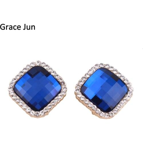 Grace Jun High Quality Full Rhinestone Crystal Clip on Earrings Non Pierced for Women Party Wedding Luxury Bridal Earrings Gift