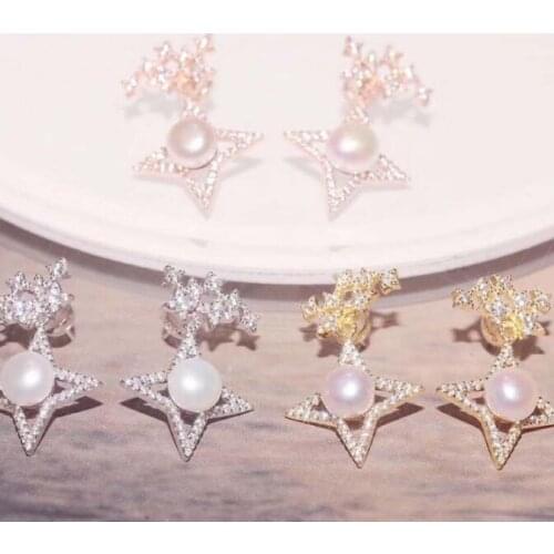 Hot Brand Pure 925 Sterling Silver Jewelry For Women Star Pearl Inlay CZ Earrings Lucky Wedding Party Earrings Wholesale