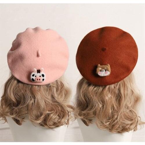 Warm Brooch Beret Hat Lolita Sweet Woolen Handmade Cute Warm Autumn Winter Painter Hats B1677