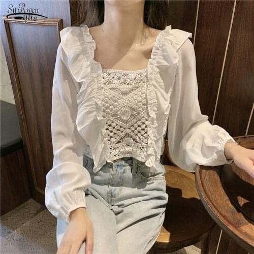 Spring Chiffon Patchwork Ruffled Blouse Casual Long-sleeve One-shoulder Blouse Elegant Crochet Hollow White Lace Shirt Top 17273