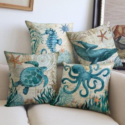 Retro Style Vintage Marine Life Animal Pattern Throw Pillow Case Seahorse Octopus Sea Turtle Whale Sofa Decorative Cushion Cover