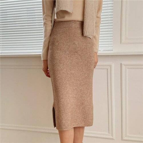 Office Lady Knitted Skirts For Women Autumn Winter New Vetement Femme 2021 Korean Fashion Straight Elastic High Waist Midi Skirt