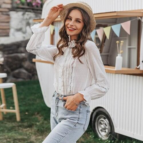 Summer floral cotton white blouse Vintage hollow out female office ladies tops Casual lace long sleeve blouse shirts 2021