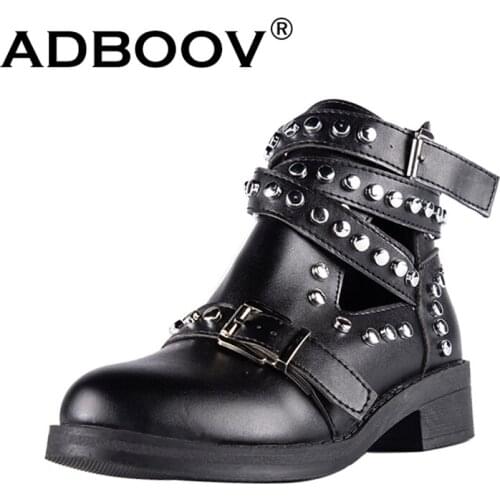 ADBOOV Buckle Strap Punk Boots Women Rivet Shoes Ladies Plus Size 42 43 Black Ankle Boots PU Leather Motorcycle Boots