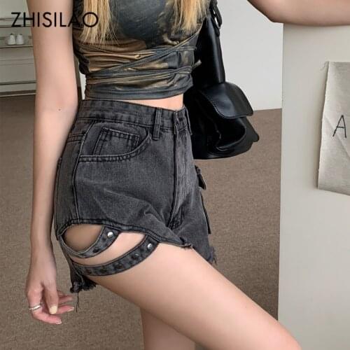 ZHISILAO Sexy Club Lace Up Mid Waist Denim Women Shorts Retro Side Blue Hollow Out Hot Wide Leg Jeans Shorts Black Summer 2021