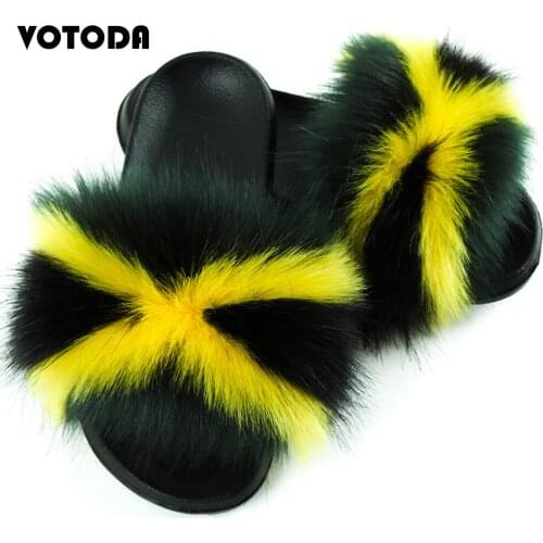 Women Faux Fox Fur Slippers Fluffy Raccoon Fur Slides Lady Fashion Falt Non Slip Flip Flops Plush Beach Sandals Summer Footwear