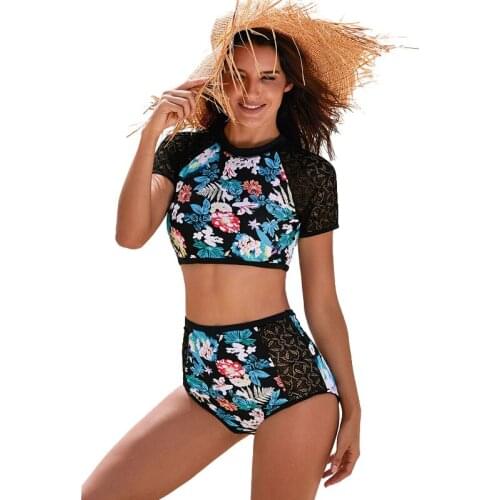 Women Two Pieces Swimsuit Hollow Out Floral Print Tankini Sports Swimwear Bathing Rash Guard Surfing Swimsuit Beachwear 2XL