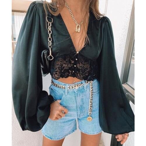 2020 New Women Sexy V Neck Crop Top Long Puff Slim Holiday Beach Office Workout Blouse Tee Shirt