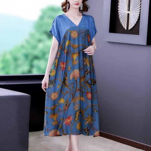 2021 Casual 4XL Plus Size Floral Satin Midi Sundress Summer Elegant Print Mulberry Silk Beach Dress Women Bodycon Party Vestidos