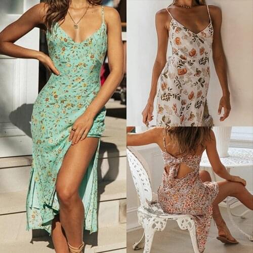 Floral Dress Beach Summer Womens Dress 2021 Sexy V-Neck Backless Strap Bodycon Dress Split Elegant Midi Dresses Casual Vestidos