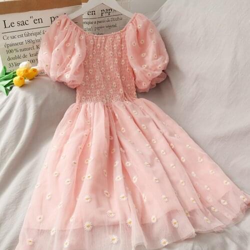 Women Summer Short Sleeve Floral Embroidery Elastic Slimming High Waist Slash Neck Stylish Princess Dresses Casual Mesh Dress