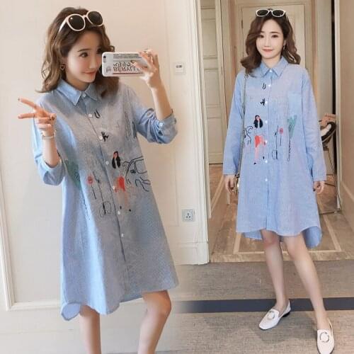 Spring fashion korea style striped dress 2019 new design loose embroidered dress for women